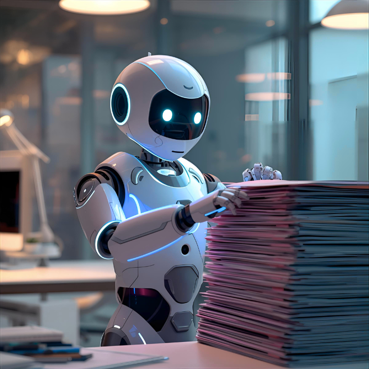 Ein weißer cooler moderner freundlich aussehender Roboter wird dezent mit buntem Licht beleuchtet. Er bearbeitet in einem Edlen hellen Büro einen extrem großen Haufen Akten. 