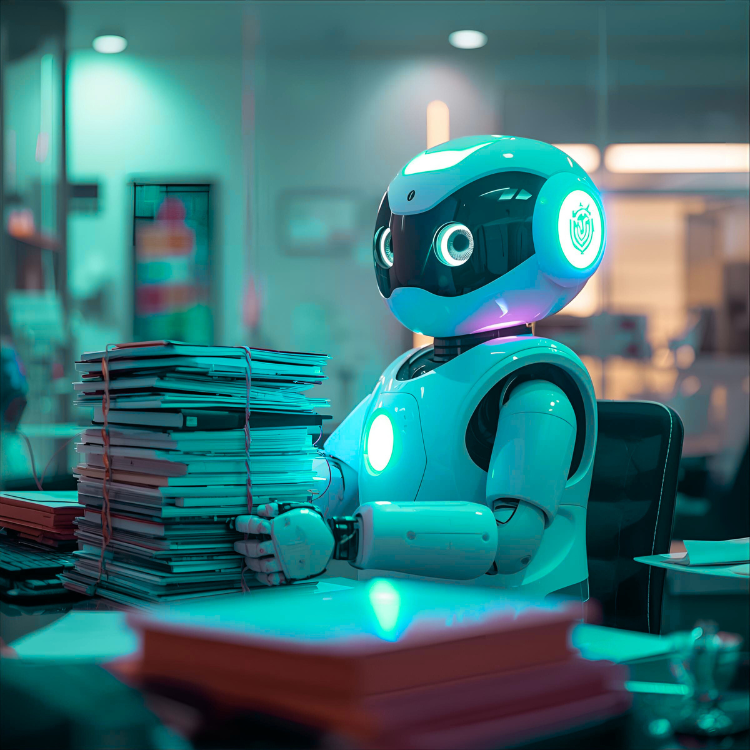 Ein weißer cooler moderner freundlich aussehender Roboter wird dezent mit buntem Licht beleuchtet. Er bearbeitet in einem Edlen hellen Büro einen extrem großen Haufen Akten. 