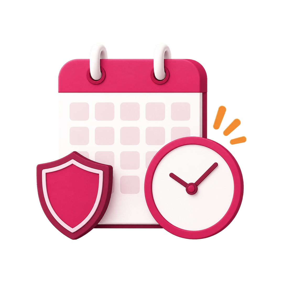 Symbolbild Fristwahrung: Kalender mit Uhr und Schutzschild