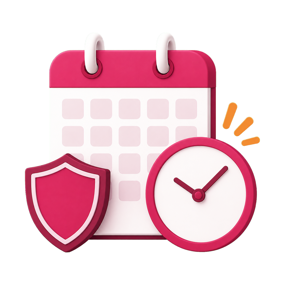 Symbolbild Sanktionsfrist: Kalender mit Uhr und Schutzschild auf weißem Hintergrund