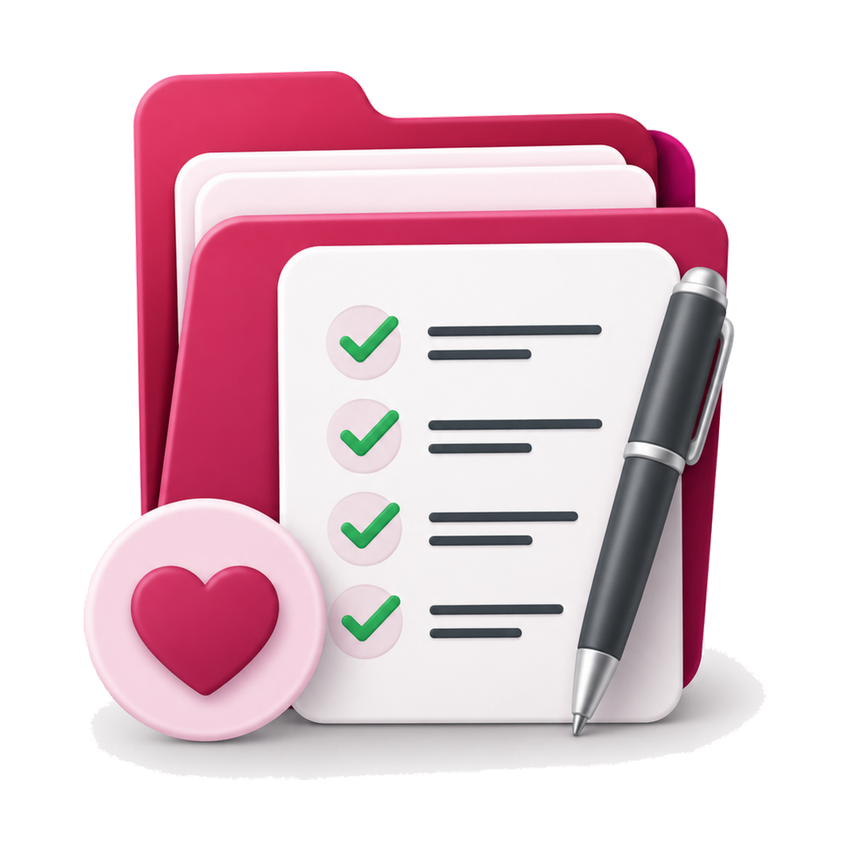 Symbol-Illustration: Checkliste zur Vorbereitung einer Pflegebegutachtung mit Ordner und Stift